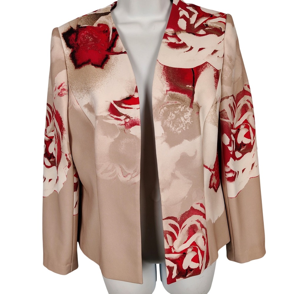 Tahari‎ Womens SZ 6 Floral Open Front Blazer Red Tan Rose Professional Chic